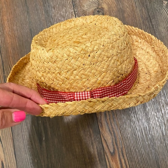 Vintage Straw Summer Hat Gingham Red Ribbon - Picture 3 of 6
